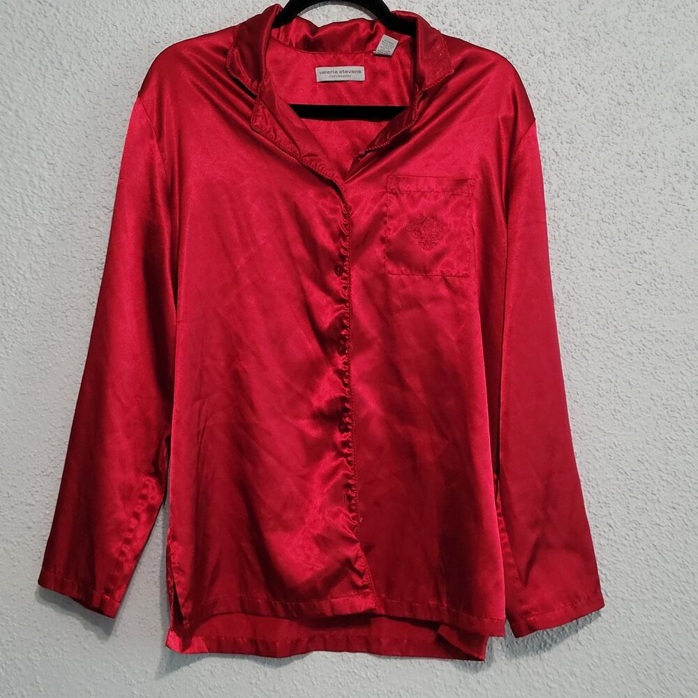 Valerie Stevens‎ Womens Satin Button Up Long Sleeve Red Pajama Top Size M Lounge
